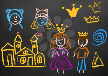 Children's drawing color chalk on a blackboard. Design elements of packaging, postcards, wraps, covers. Sweet children's creativity. Sweet children's creativity. Spiral, triangle, faces, crown, prince, princess, castle,