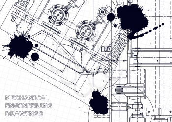 Machine-building industry. Instrument-making drawings. Black Ink. Blots. Technical illustrations, background