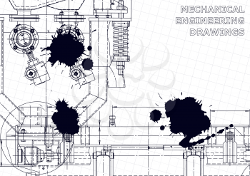 Mechanical instrument making. Black Ink. Blots. Technical illustration. Vector engineering drawings