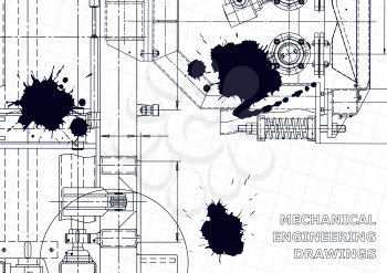 Mechanical instrument making. Technical illustration. Black Ink. Blots, cover, banner. Vector drawing