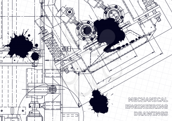 Mechanical instrument making. Technical illustration. Blueprint, cover. Black Ink. Blots