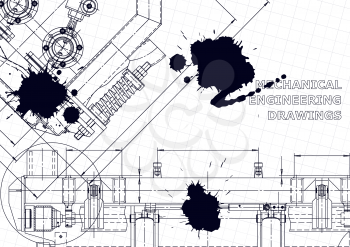 Mechanical instrument making. Technical illustration. Vector engineering drawings. Black Ink. Blots. Blueprint, cover, banner