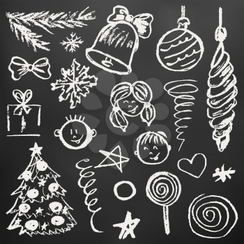 New Year 2019. New Year's set of elements for your creativity. Children's drawings with white chalk on a black background. Snowflakes, gifts, candy, bow, Christmas tree, fur-tree toys