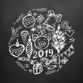 New Year 2019. Round new year illustration. Children's drawings with white chalk on a black background. Christmas tree, fur-tree toys, candy, gifts, pig, 2019
