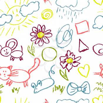 Seamless pattern. Draw pictures, doodle. Beautiful and bright design. Interesting images for backgrounds, textiles, tapestries. Flowers, cat, mouse, bow