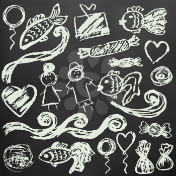 Set elements for your creativity. Children's drawings with white chalk on a black background. Waves, fish, people, sweets