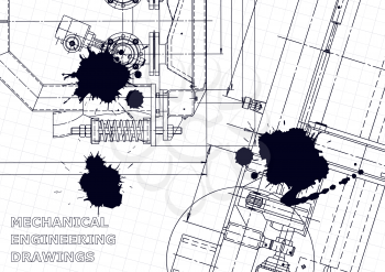 Sketch. Vector engineering illustration. Black Ink. Blots. Mechanical
