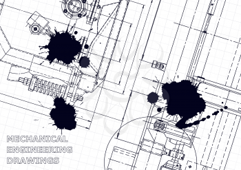 Sketch. Vector engineering illustration. Cover, flyer, banner, background. Instrument-making drawings. Black Ink. Blots