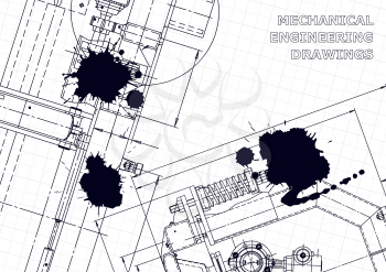 Sketch. Vector engineering illustration. Cover, flyer, banner. Instrument-making. Black Ink. Blots