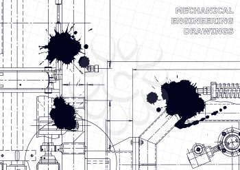 Technical abstract background. Mechanical instrument making. Black Ink. Blots