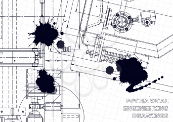 Technical abstract backgrounds. Mechanical instrument making. Black Ink. Blots. Blueprint, cover, banner. Vector