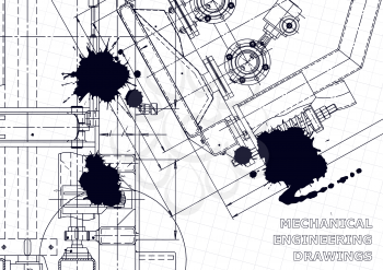 Technical abstract backgrounds. Mechanical instrument making. Black Ink. Blots. Blueprint, cover, banner. Vector drawing