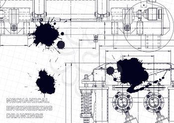 Technical abstract background. Vector drawing. Mechanical instrument making. Black Ink. Blots