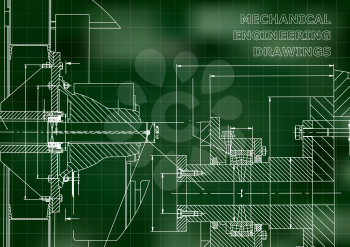 Technical illustration. Mechanical engineering. Backgrounds of engineering subjects. Technical design. Instrument making. Cover. Green background. Grid