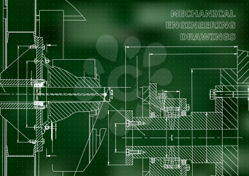 Technical illustration. Mechanical engineering. Backgrounds of engineering subjects. Technical design. Instrument making. Cover. Green background. Points