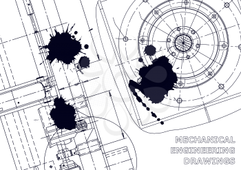 Vector banner. Engineering drawings. Black Ink. Blots. Technical abstract backgrounds