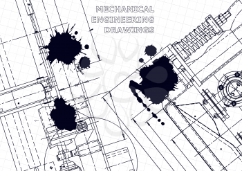 Vector engineering drawings. Mechanical instrument making. Black Ink. Blots. Technical illustration. Blueprint