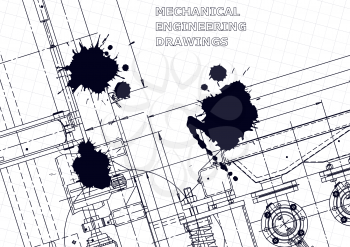 Vector engineering drawings. Mechanical instrument making. Technical background. Black Ink. Blots