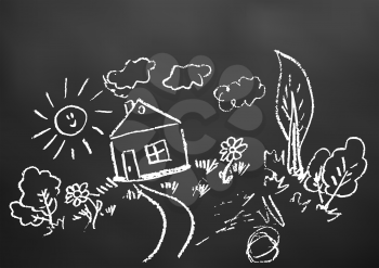 Children's drawings. Elements for the design of postcards, backgrounds, packaging. Printing for clothing. Drawing chalk on a black board. Landscape, house, trees, sun