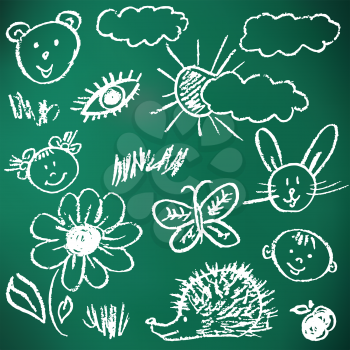 Children's drawings. Elements for the design of postcards, backgrounds, packaging. Printing for clothing. Drawing chalk on a green board. Flowers, children, hedgehog, clouds