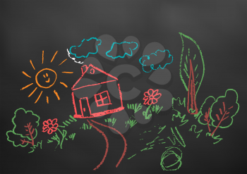 Children's drawings. Elements for the design of postcards, backgrounds, packaging. Prints for clothes. A drawing of colored chalk on a black board. House, trees, sun