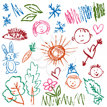 Children's drawings. Elements for the design of postcards, backgrounds, packaging. Prints for clothes. Drawing of wax crayons on a white background. Faces, hedgehog, trees