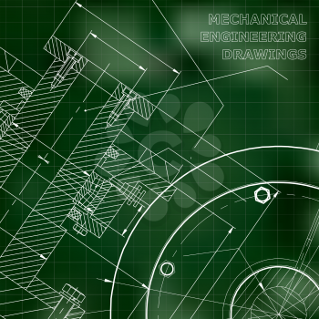 Green background. Grid. Technical illustration. Mechanical engineering. Technical design. Instrument making. Cover, banner