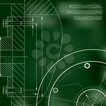 Green background. Technical illustration. Mechanical engineering. Technical design. Instrument making. Cover, banner, flyer, background. Corporate Identity