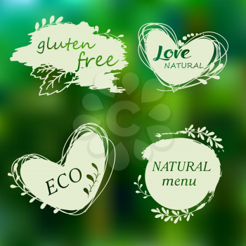 Vector illustration for menu of restaurants, packaging, advertising. Set of logos, icons, design elements. Natural food, organic food, veggie food. Healthy food label. Doodle logos