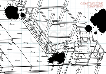 Building. Metal constructions. Volumetric constructions. 3D. Draft. Black Ink. Blots