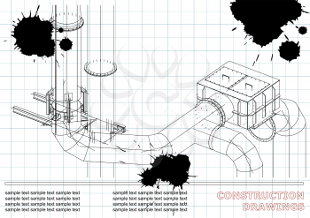 Construction drawings. 3D metal construction. Pipes, piping. Cover, background for text. Draft. Black Ink. Blots