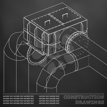 Drawings of steel structures. Pipes and pipe. 3d blueprint of steel structures. Black background