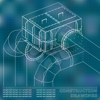 Drawings of steel structures. Pipes and pipe. 3d blueprint of steel structures. Blue background. Points