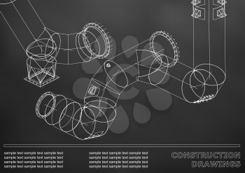 Drawings of steel structures. Pipes and pipe. 3d blueprint of steel structures. Cover, background for your design. Black background