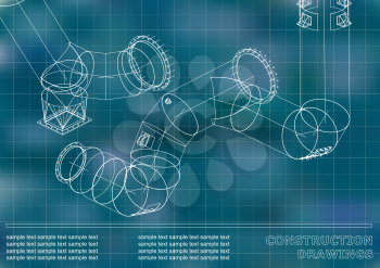 Drawings of steel structures. Pipes and pipe. 3d blueprint of steel structures. Cover, background for your design. Blue background. Grid