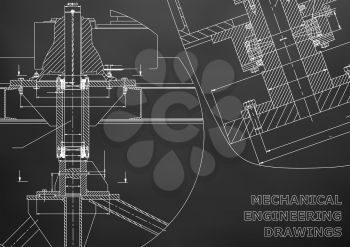 Mechanical engineering. Technical illustration. Backgrounds of engineering subjects. Technical design. Instrument making. Cover, banner, flyer, Black background. Corporate Identity