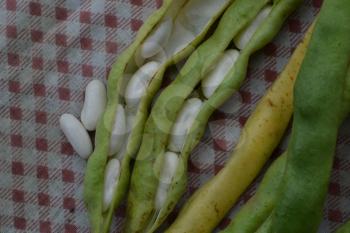 Beans. Phaseolus. Bean Seeds. Legumes. Kitchen. Recipes. Tablecloth. Before cooking. Delicious. Close-up. Horizontal