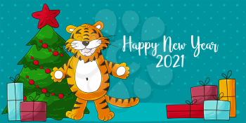 Astrological Symbol of 2022. Long New Year card in hand-draw style. Christmas tree, gifts, tiger. Cartoon illustration for postcards, calendars