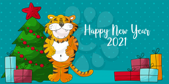 Astrological Symbol of 2022. Long New Year card in hand-draw style. Christmas tree, gifts, tiger. Cartoon illustration for postcards, calendars, posters, flyers