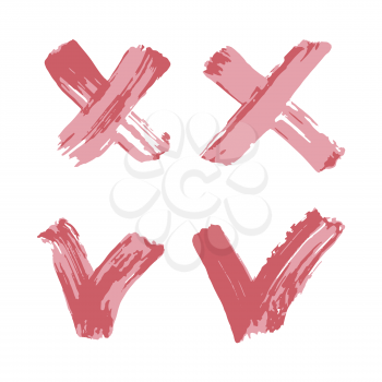 Checkmark and cross icons set. Hand drawing paint, brush drawing. Isolated on a white background. Doodle grunge style icon. Decorative. Outline, line icon, cartoon illustration