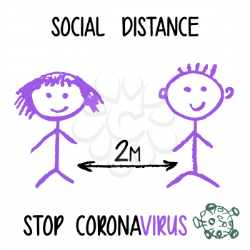 Children's drawing with wax crayons. Coronavirus Quarantine. Social distancing concept people standing away to prevent COVID-19 coronavirus disease vector illustration