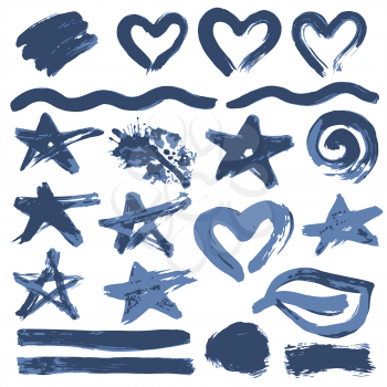Collection of blue paint, ink, brush strokes, brushes, lines, grungy. Waves, circles, heart. Dirty elements of decoration, boxes, frames Vector illustration Isolated over white background Freehand
