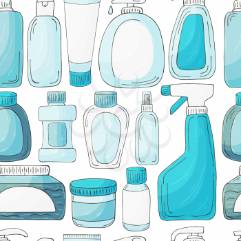 Collection of cans, packages, tubes. Antiseptic, toothpaste. Seamless pattern. Set of bathroom elements in hand draw style on a white background