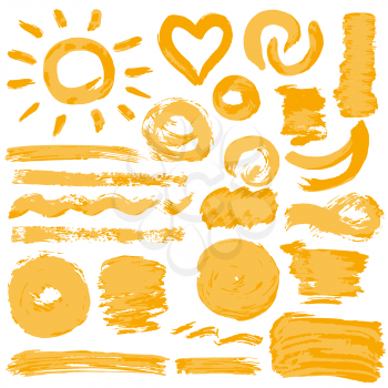 Collection of orange paint, ink, brush strokes, brushes, lines, grungy. Waves, circles, sun. Dirty elements of decoration, boxes, frames. Vector illustration Isolated over white background Freehand drawing
