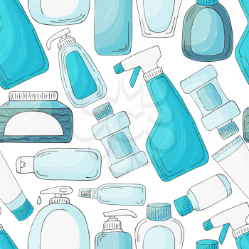 Collection of packages, tubes. Antiseptic, toothpaste. Seamless pattern. Set of bathroom elements in hand draw style on a white background