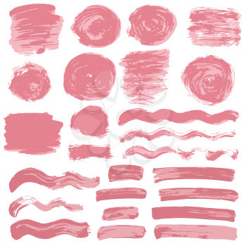 Collection of pink paint, ink, brush strokes, brushes, lines, grungy. Waves, circles, Messy decoration elements, boxes, frames Vector illustration Isolated over white background