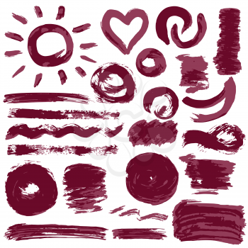 Collection of red ink, ink, brush strokes, brushes, lines, grungy. Waves, circles, sun, heart. Messy decoration elements, boxes frames Vector illustration Isolated over white background Freehand