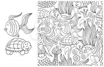 Contour Set of element and seamless pattern. ideal for children's clothing. Fish, turtle and background with marine elements. Cute illustrations