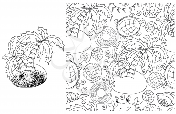 Contour Set of element and seamless pattern. ideal for children's clothing. Palm tree and background with marine elements. Cute illustrations