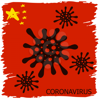 Coronavirus in China. Novel coronavirus (2019-nCoV), red background with stars and colors of Chinese flag. Concept of coronavirus quarantine. Black Coronavirus Bacteria Cell Icons